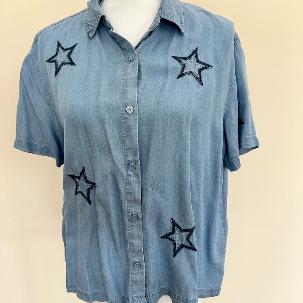 Jane and Delancey Blue Button Down Shirt with Star Accents